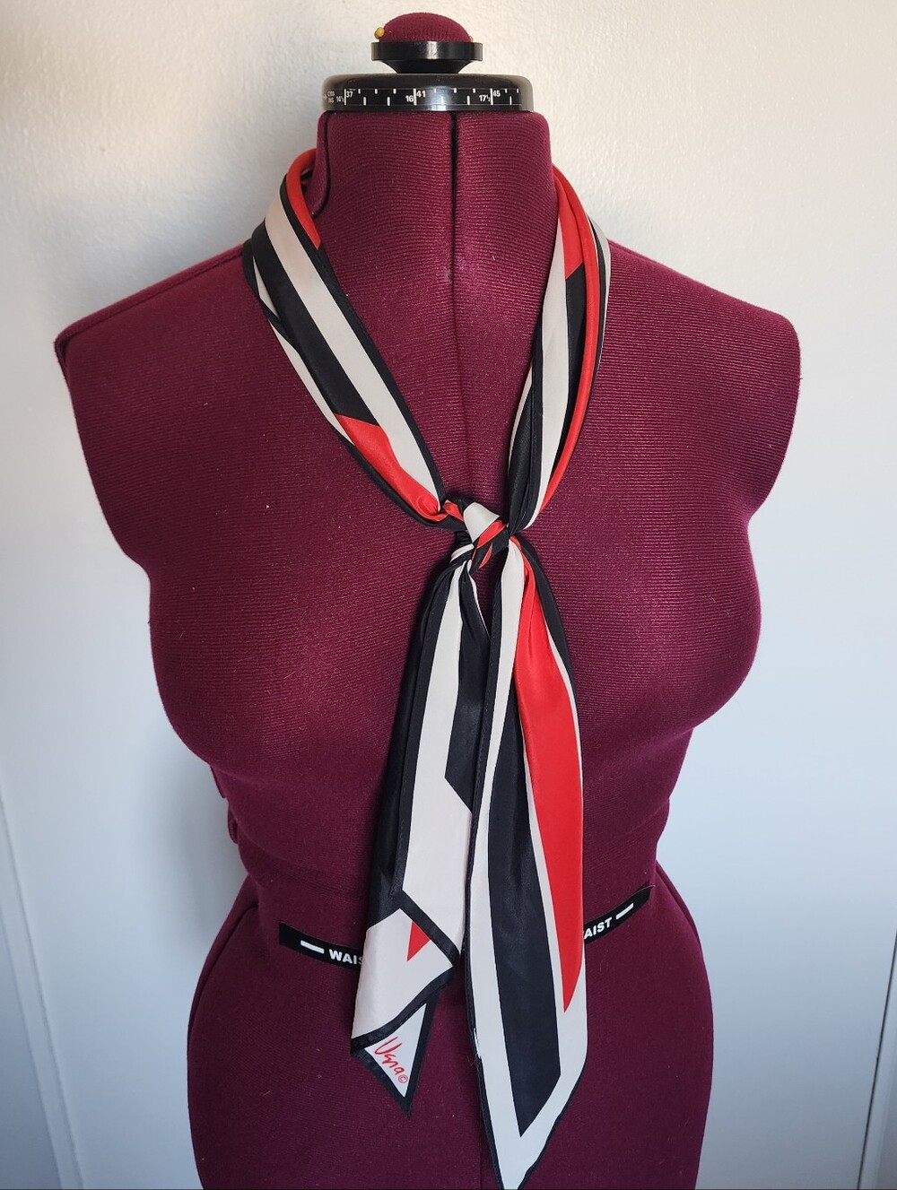 Vintage 1980s Usna Red Black White Colorblock Geometric Print Scarf 62”x 6”
